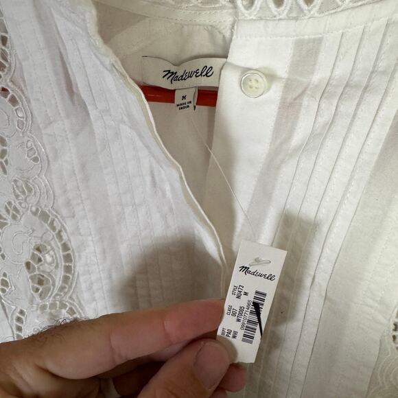Madewell Lace-Inset Pintucked Button-Up Top M White Long Sleeve Crew Neck Eyelet - Picture 5 of 9